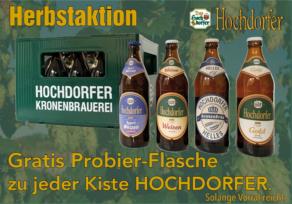 Drinkscout24 Herbstaktion, zu jeder gekauften Hochdorfer-Kiste eine Probiergratiszugabe. Nur im Abholmarkt Unterensingen und solange Vorrat reicht.